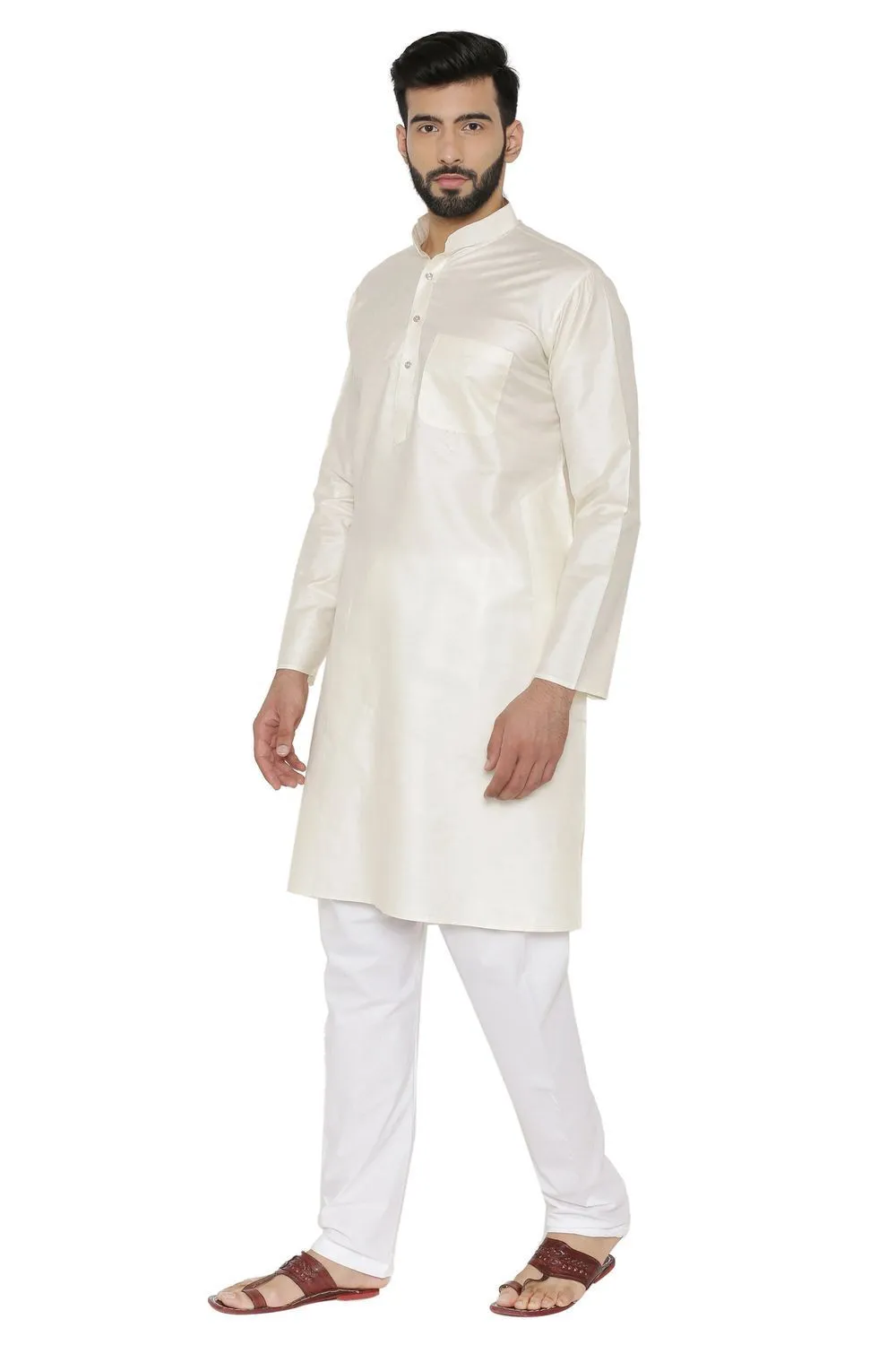 100% Silk Beige Kurta Pyjama