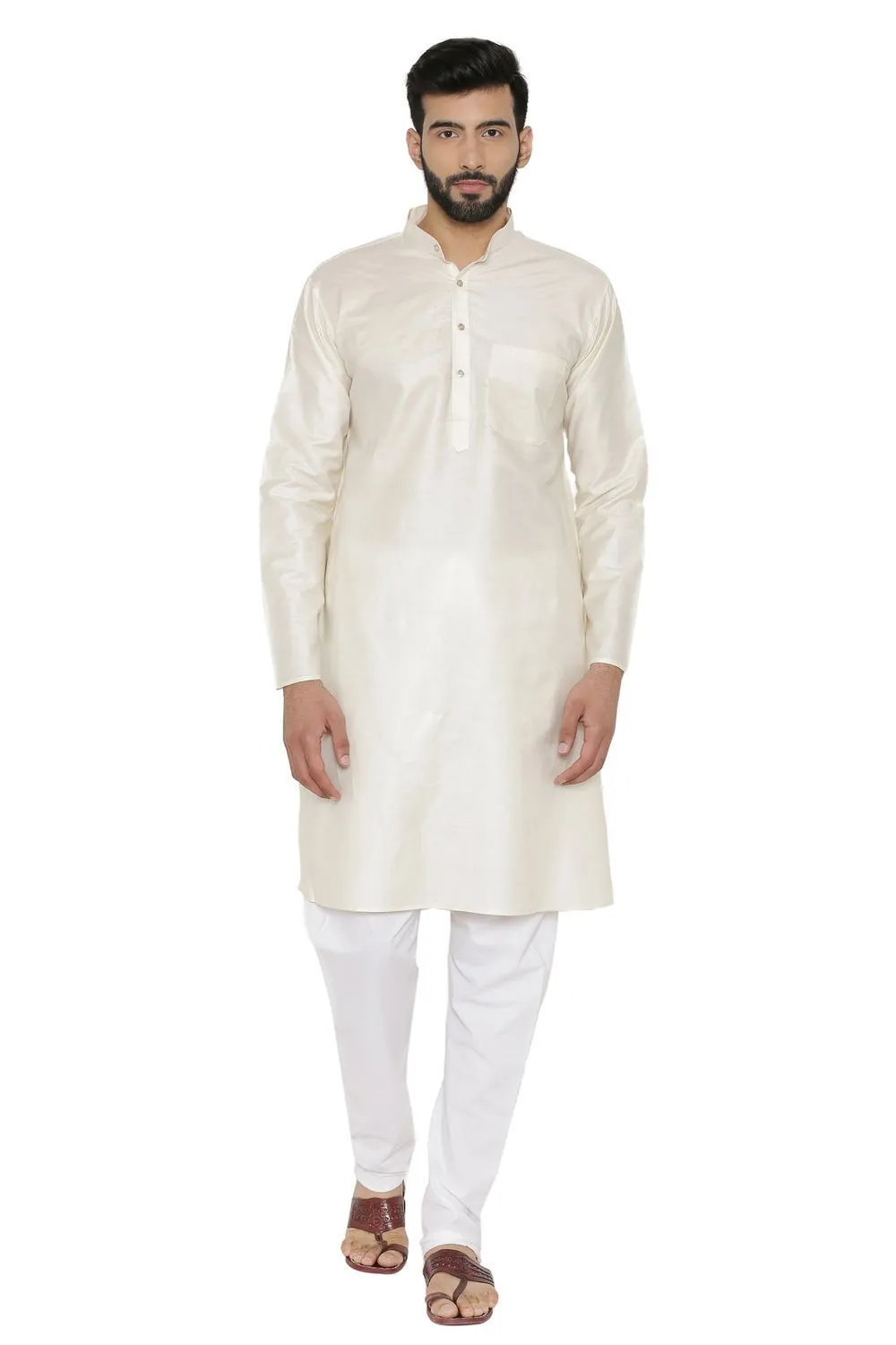 100% Silk Beige Kurta Pyjama