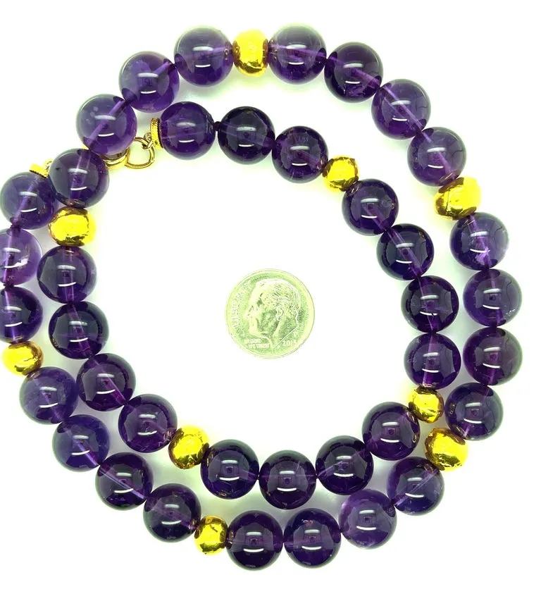11.00-11.50mm Amethyst Beaded Necklace with 18k Yellow Gold Accents, 20 Inches