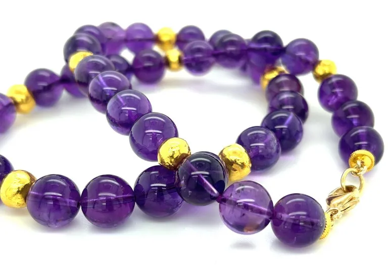 11.00-11.50mm Amethyst Beaded Necklace with 18k Yellow Gold Accents, 20 Inches