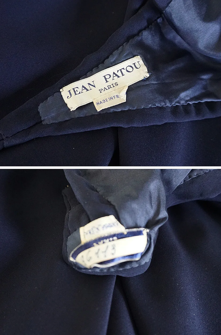 1960s Jean Patou Numbered Haute Couture Navy Backless Halter Dress
