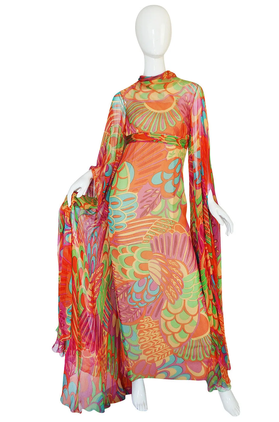 1970s Saks Floor Length Sleeve Silk Dress