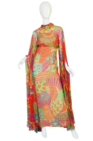 1970s Saks Floor Length Sleeve Silk Dress