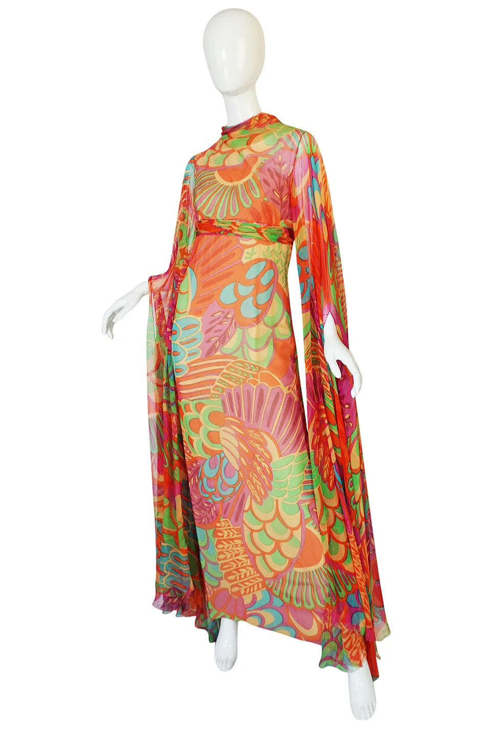 1970s Saks Floor Length Sleeve Silk Dress