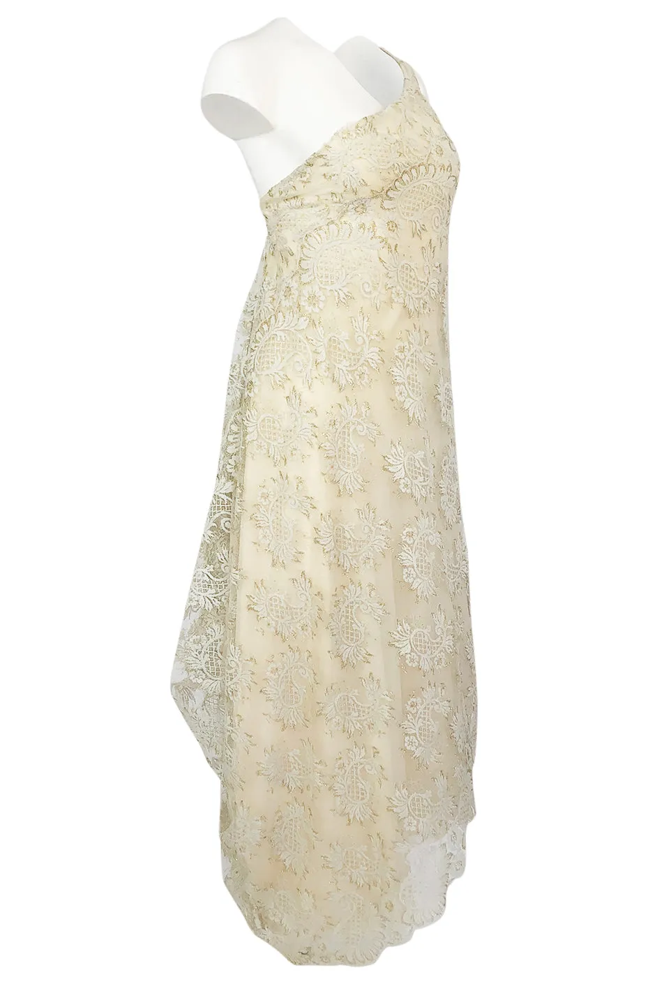 1970s Stavropoulos Gold Metallic & Ivory Lace One Shoulder Dress