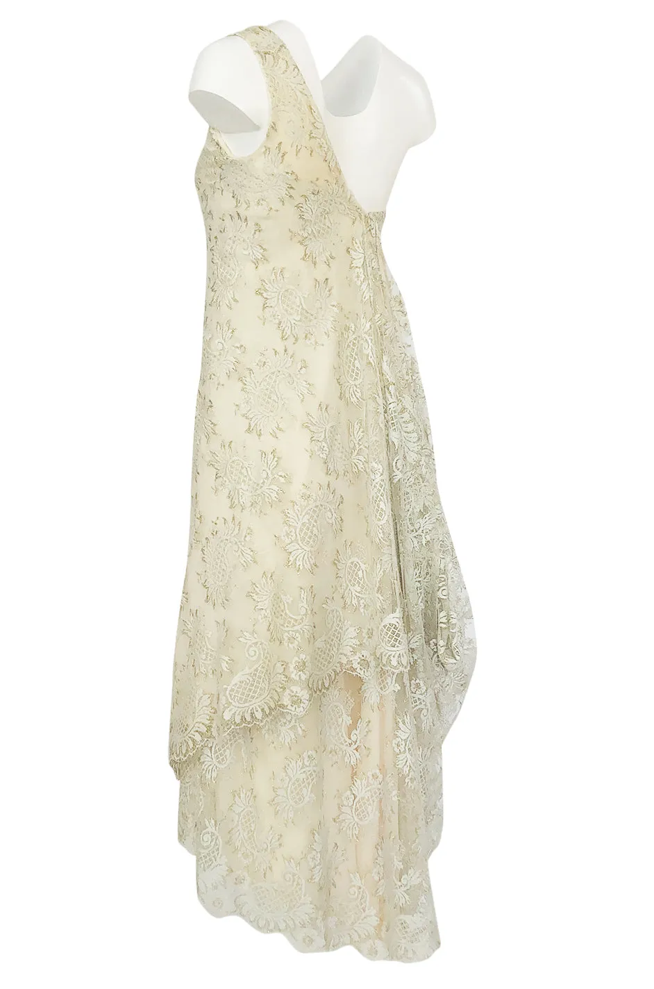 1970s Stavropoulos Gold Metallic & Ivory Lace One Shoulder Dress