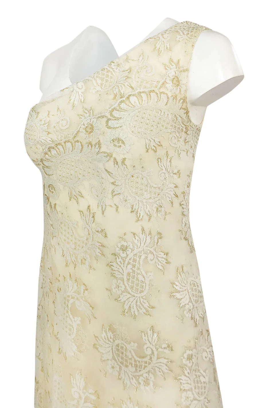 1970s Stavropoulos Gold Metallic & Ivory Lace One Shoulder Dress
