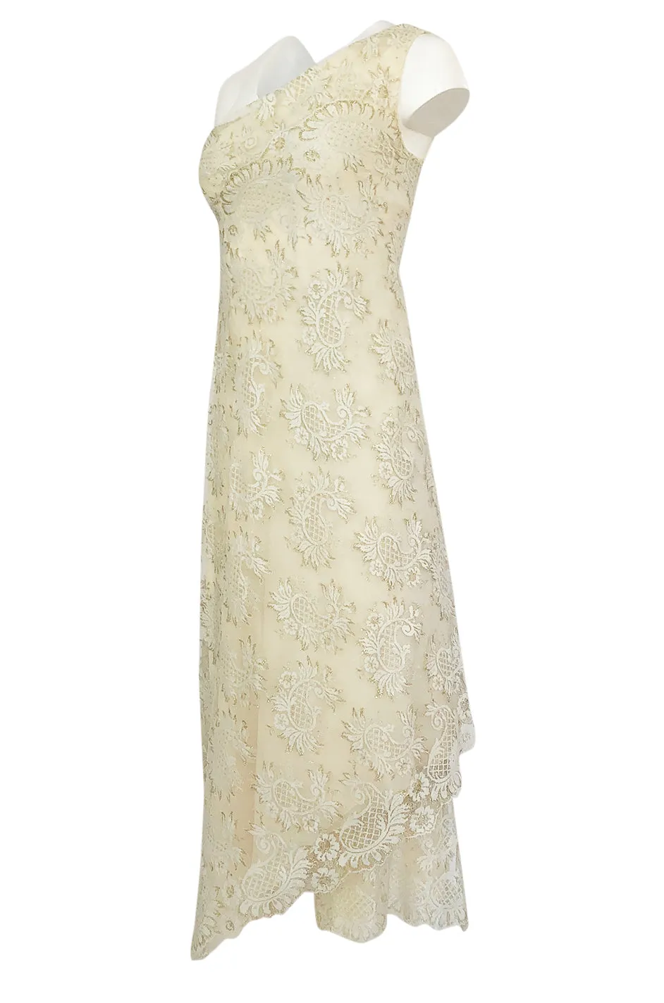 1970s Stavropoulos Gold Metallic & Ivory Lace One Shoulder Dress