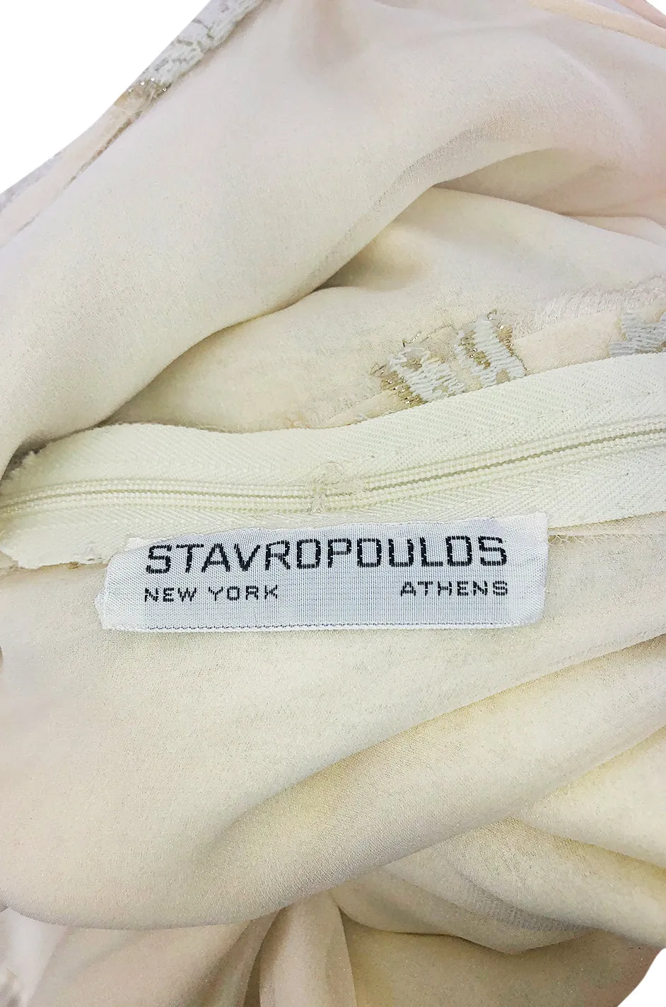 1970s Stavropoulos Gold Metallic & Ivory Lace One Shoulder Dress