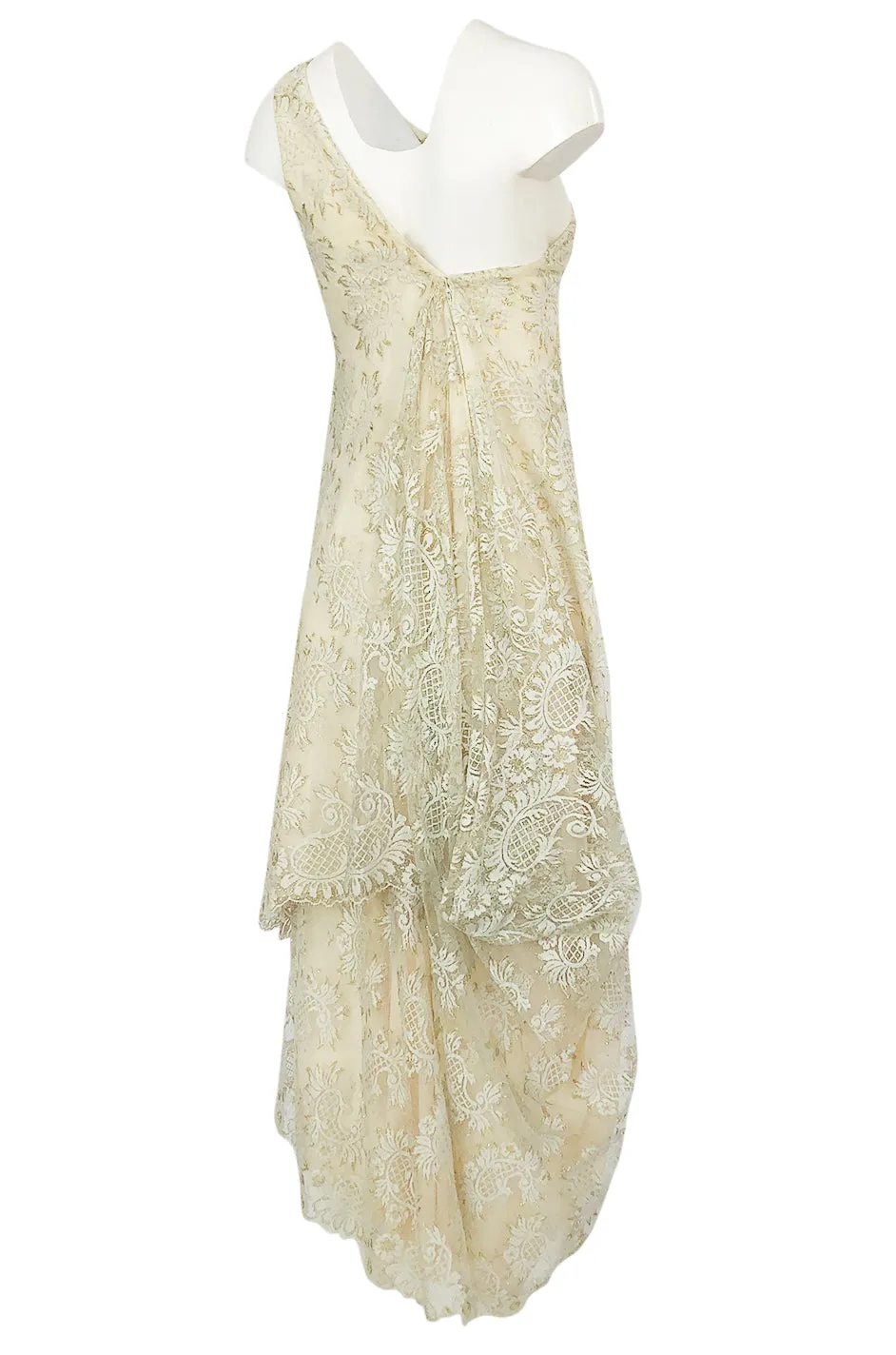 1970s Stavropoulos Gold Metallic & Ivory Lace One Shoulder Dress