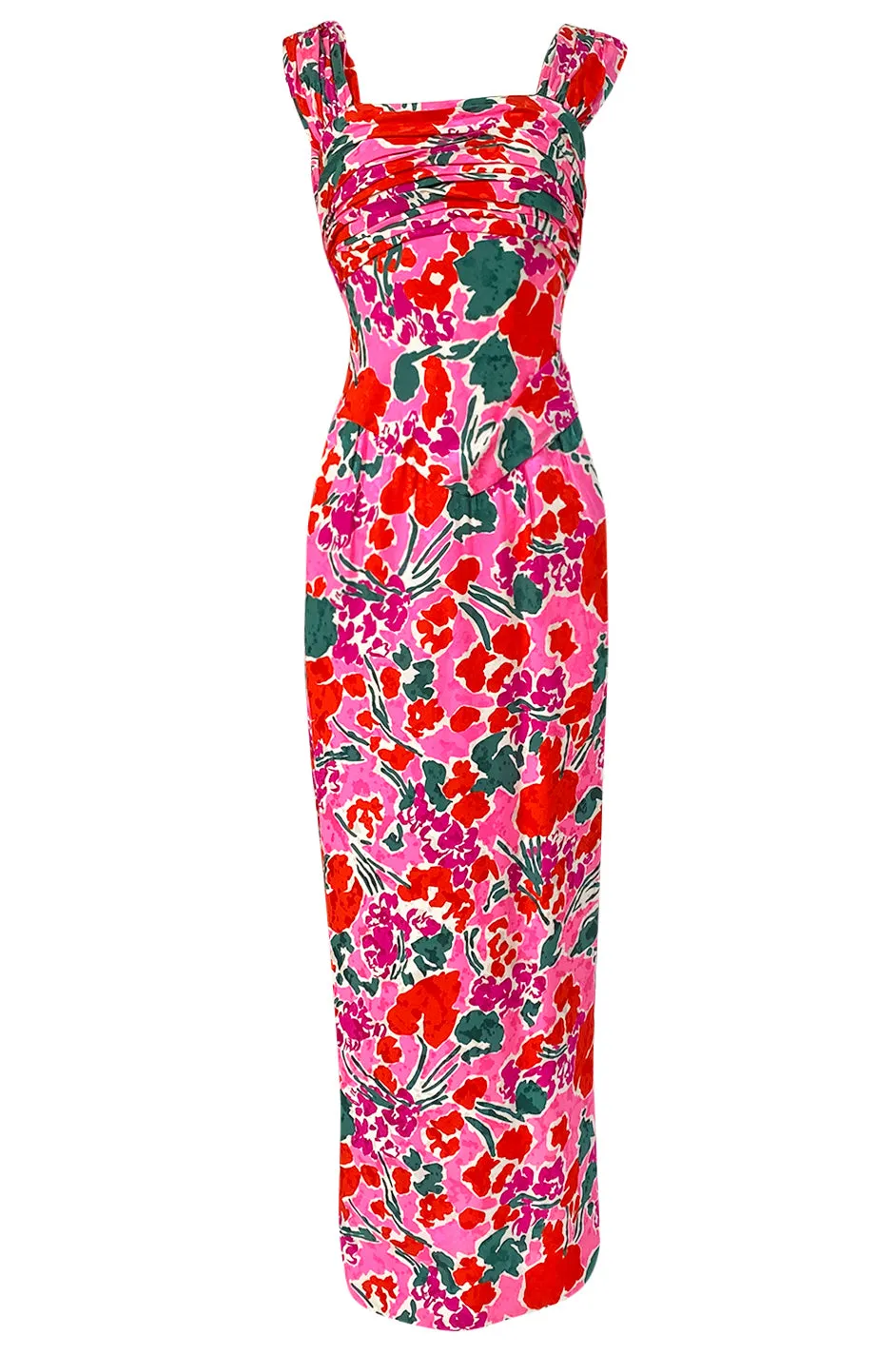 1980s Unlabelled Jacqueline de Ribes Pink Floral Print Silk Dress
