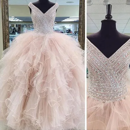 2018 Champagne Quinceanera Dresses with Crystal V-Neck Tulle Ruffles Puffy Ball Gowns Sweet 16 Dress
