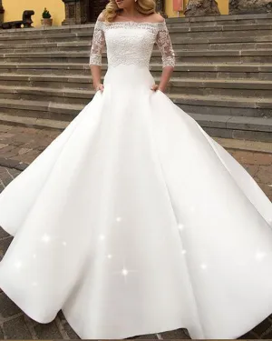 2018 Fashion Simple Satin Wedding Dresses Off The Shoulder Half Sleeve Modest Lace Bridal Gowns for Wedding