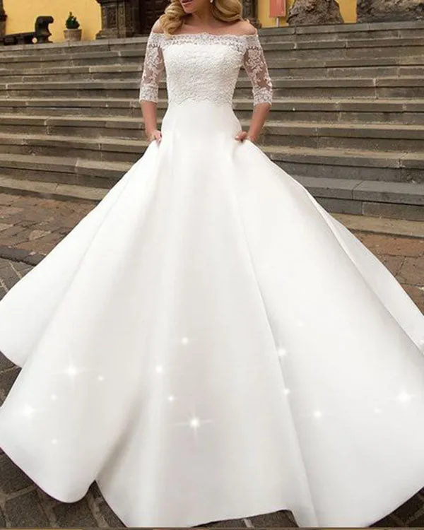2018 Fashion Simple Satin Wedding Dresses Off The Shoulder Half Sleeve Modest Lace Bridal Gowns for Wedding
