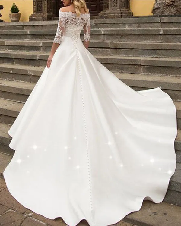 2018 Fashion Simple Satin Wedding Dresses Off The Shoulder Half Sleeve Modest Lace Bridal Gowns for Wedding