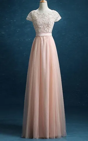 2018 New Prom Lace Tulle Long Prom Tulle Formal Blush Tulle Party Floor Length Dress-105791