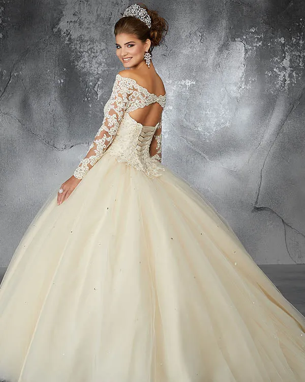 2018 Sky Blue Tulle Quinceanera Dresses with Full Sleeve Beaded Lace Puffy Ball Gown vestidos de quinceañera