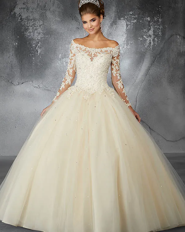 2018 Sky Blue Tulle Quinceanera Dresses with Full Sleeve Beaded Lace Puffy Ball Gown vestidos de quinceañera