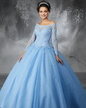 2018 Sky Blue Tulle Quinceanera Dresses with Full Sleeve Beaded Lace Puffy Ball Gown vestidos de quinceañera