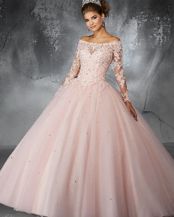 2018 Sky Blue Tulle Quinceanera Dresses with Full Sleeve Beaded Lace Puffy Ball Gown vestidos de quinceañera
