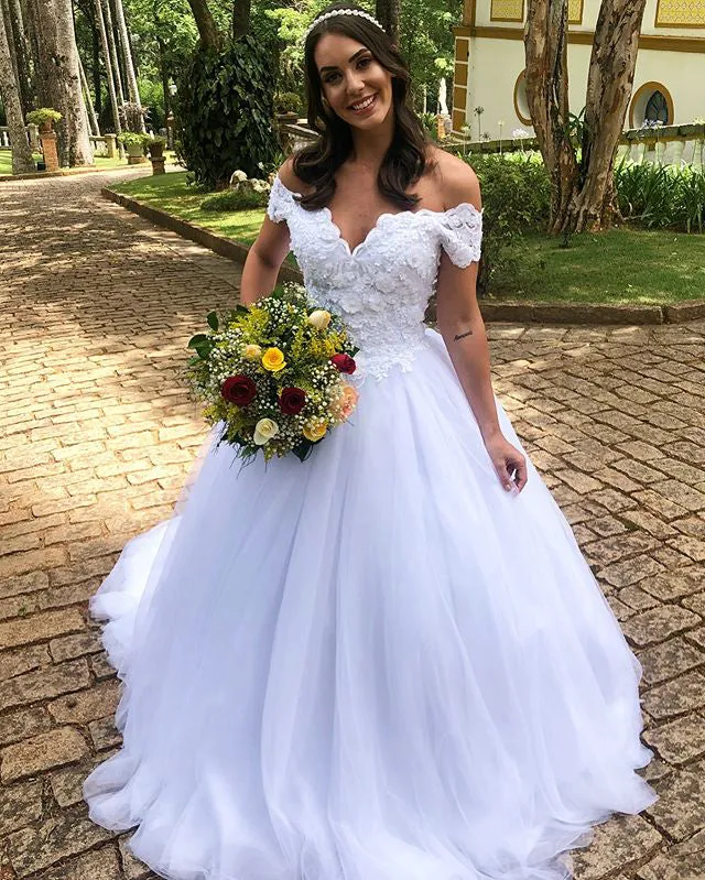 2019 Cap Sleeve Lace Wedding Dresses with 3D Flowers Off The Shoulder Tulle Bridal Dress
