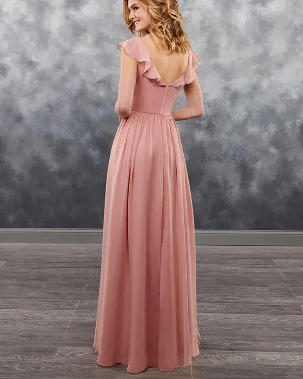 2019 Elegant Deep V-Neck Dusty Pink Chiffon Bridesmaid Dress Party Gowns Floor Length