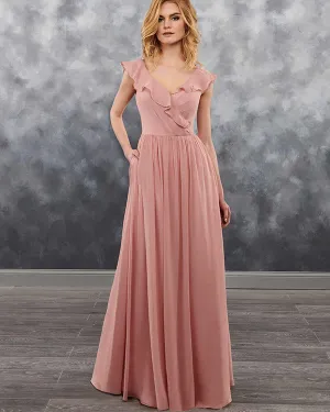 2019 Elegant Deep V-Neck Dusty Pink Chiffon Bridesmaid Dress Party Gowns Floor Length