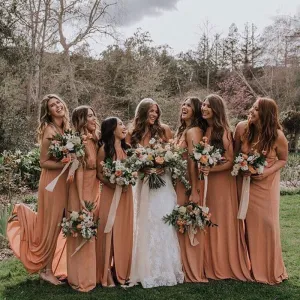 2020 Crew Long Dusty Orange Chiffon Bridesmaid Dresses with Split, QB0483
