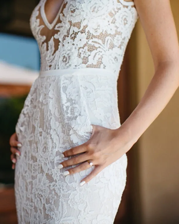 2020 Unique Lace Wedding Dress Pockets Sheer Deep V-neck Lace Bridal Gowns with Long Train