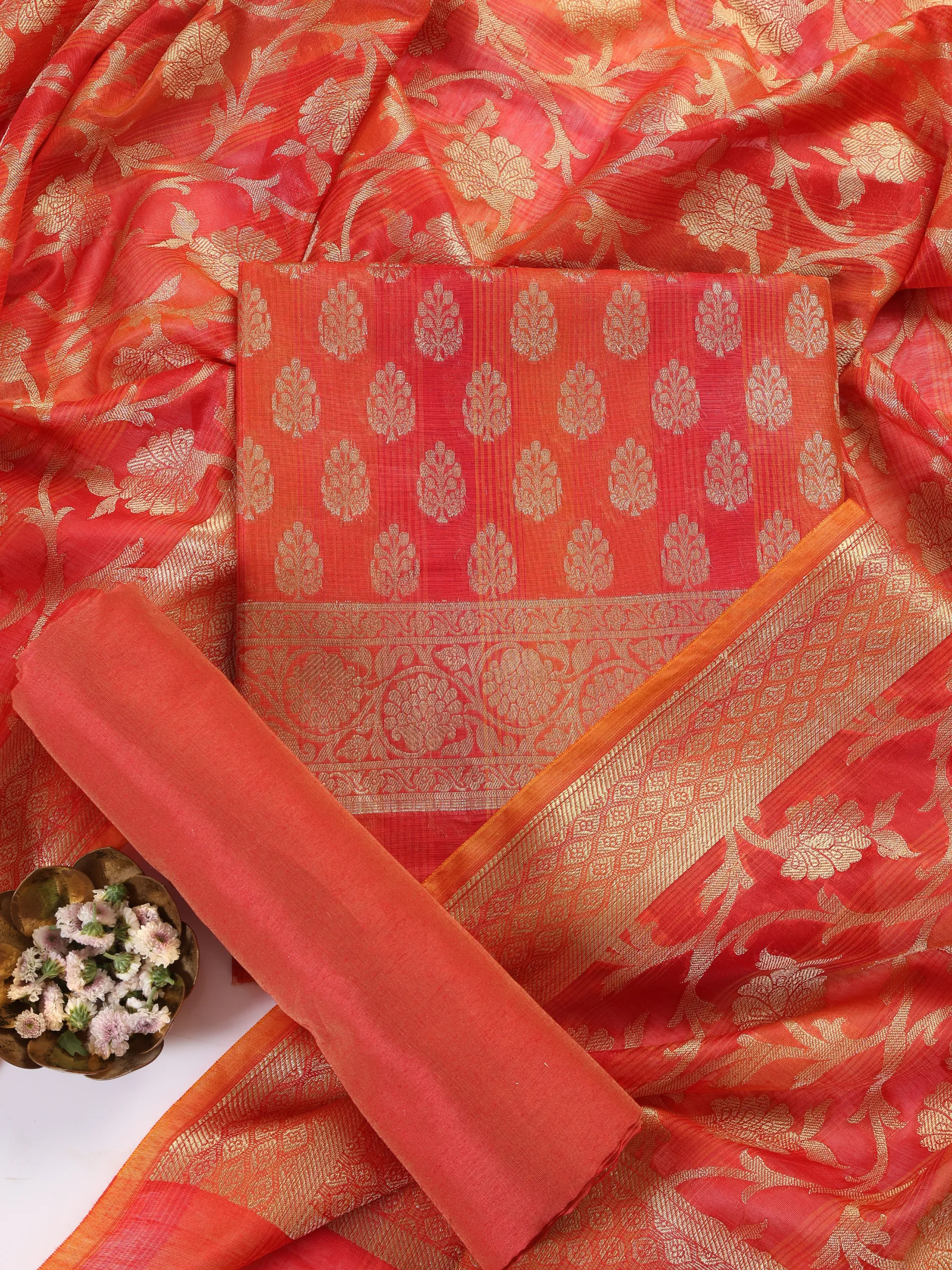 3 Pc SET - Banarasi Red Orange Silk Cotton Jacquard Kurta and Dupatta with Cotton Pyjama