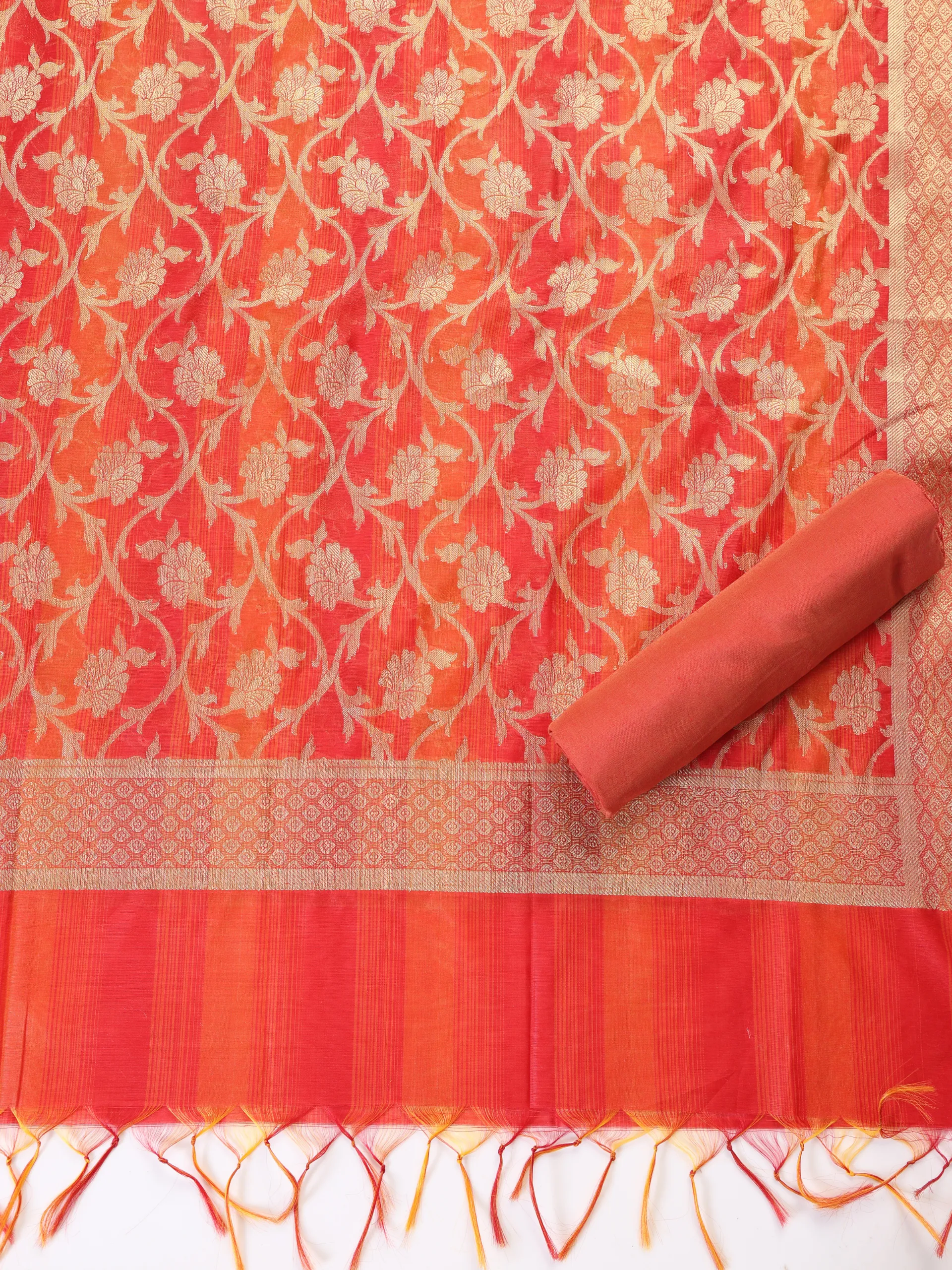 3 Pc SET - Banarasi Red Orange Silk Cotton Jacquard Kurta and Dupatta with Cotton Pyjama