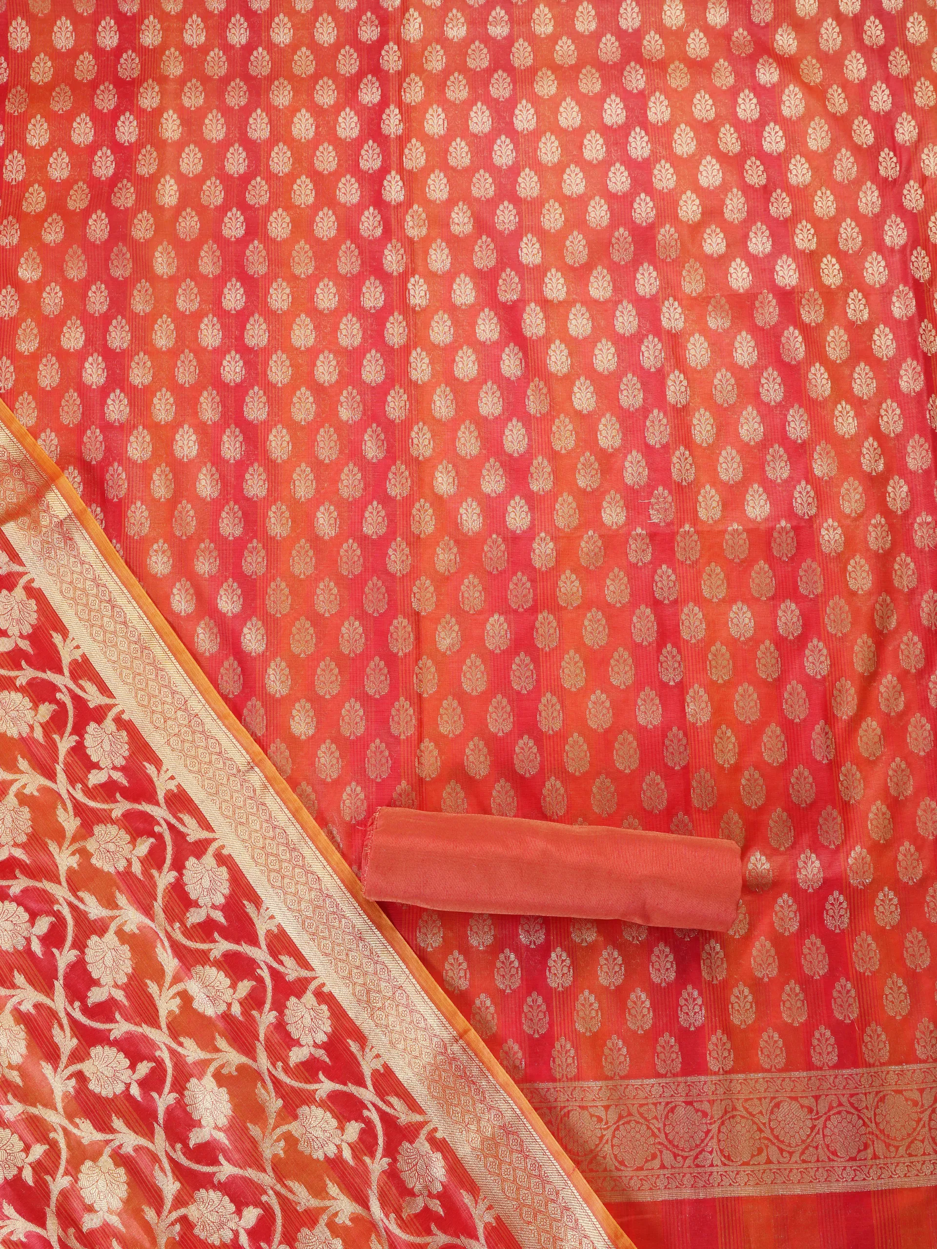 3 Pc SET - Banarasi Red Orange Silk Cotton Jacquard Kurta and Dupatta with Cotton Pyjama