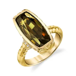 9.54 Carat Cushion-Cut Olive Tourmaline and Diamond Ring in 18k Yellow Gold