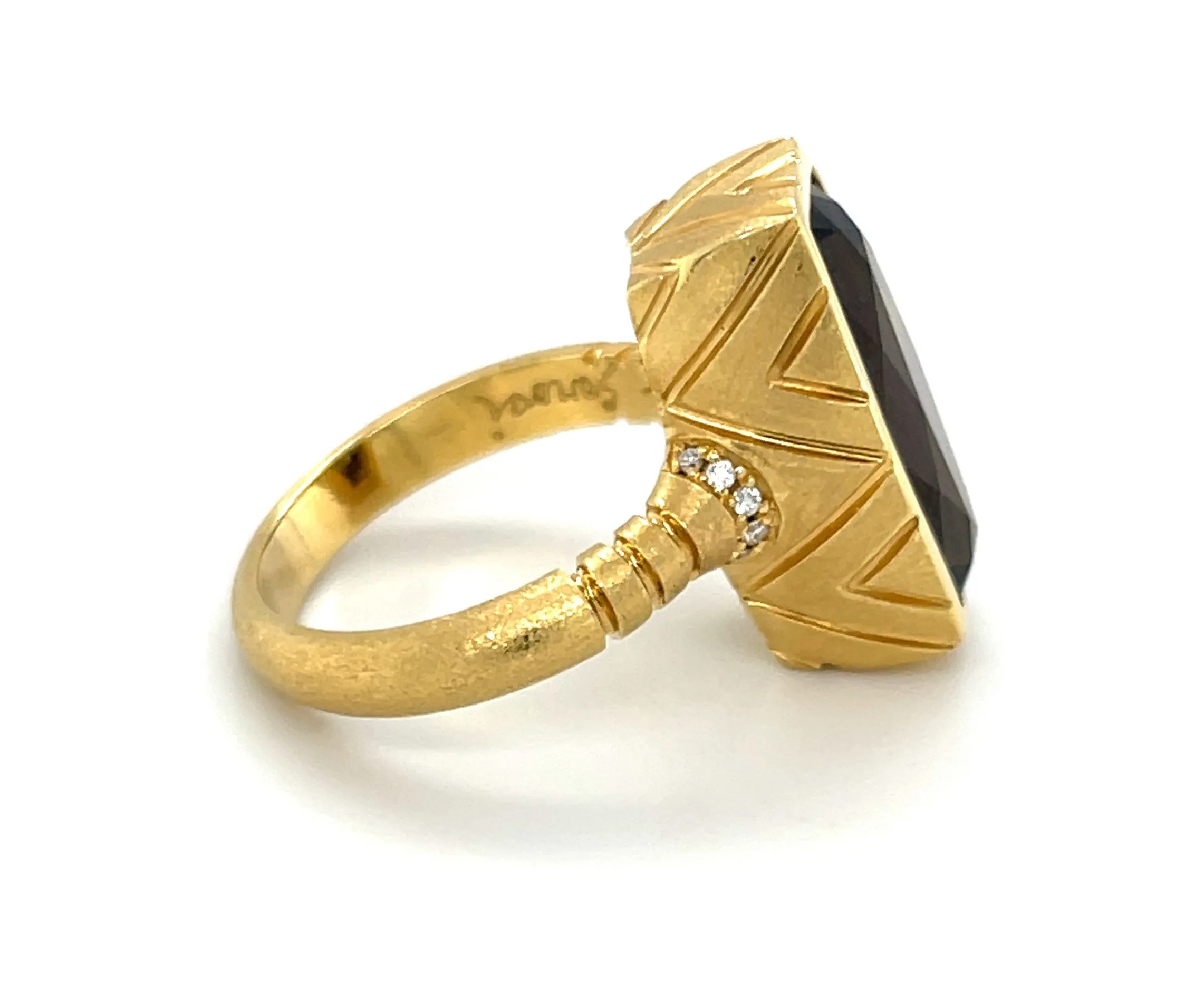 9.54 Carat Cushion-Cut Olive Tourmaline and Diamond Ring in 18k Yellow Gold