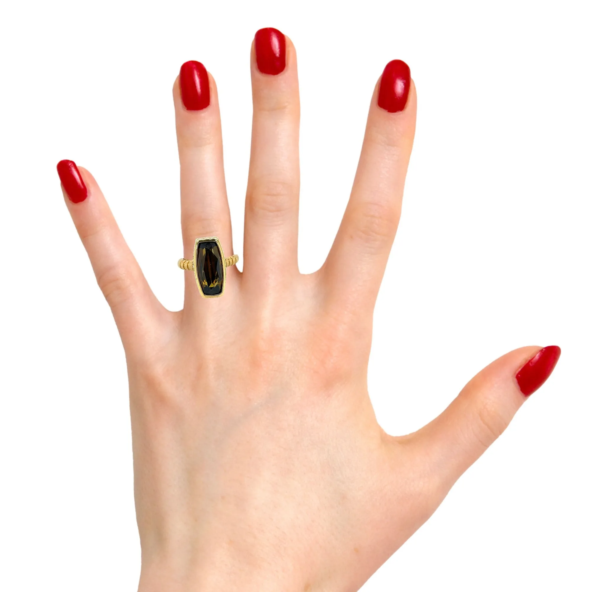 9.54 Carat Cushion-Cut Olive Tourmaline and Diamond Ring in 18k Yellow Gold