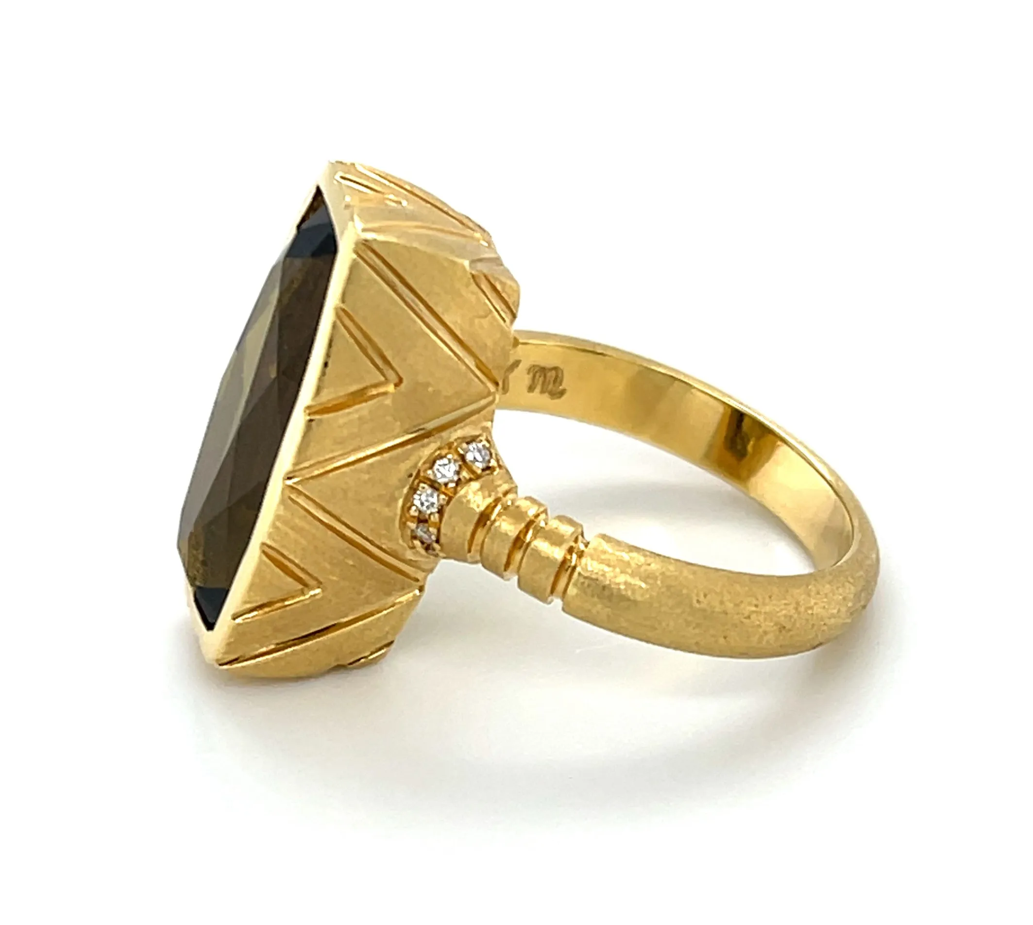 9.54 Carat Cushion-Cut Olive Tourmaline and Diamond Ring in 18k Yellow Gold