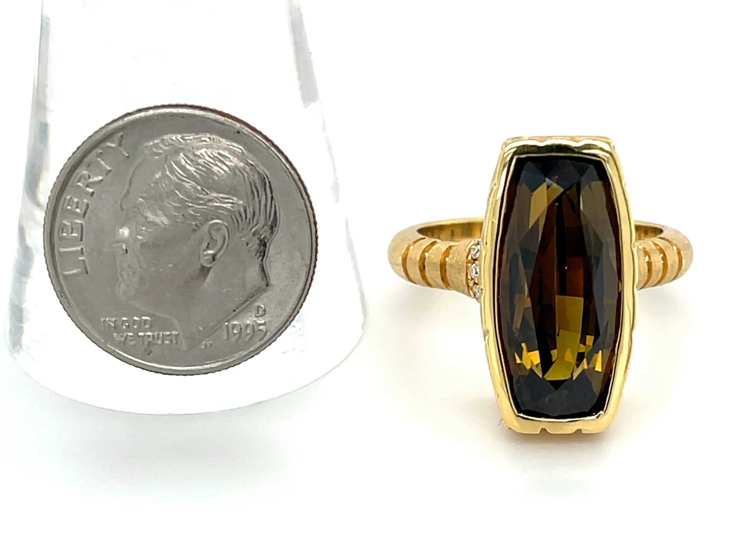 9.54 Carat Cushion-Cut Olive Tourmaline and Diamond Ring in 18k Yellow Gold