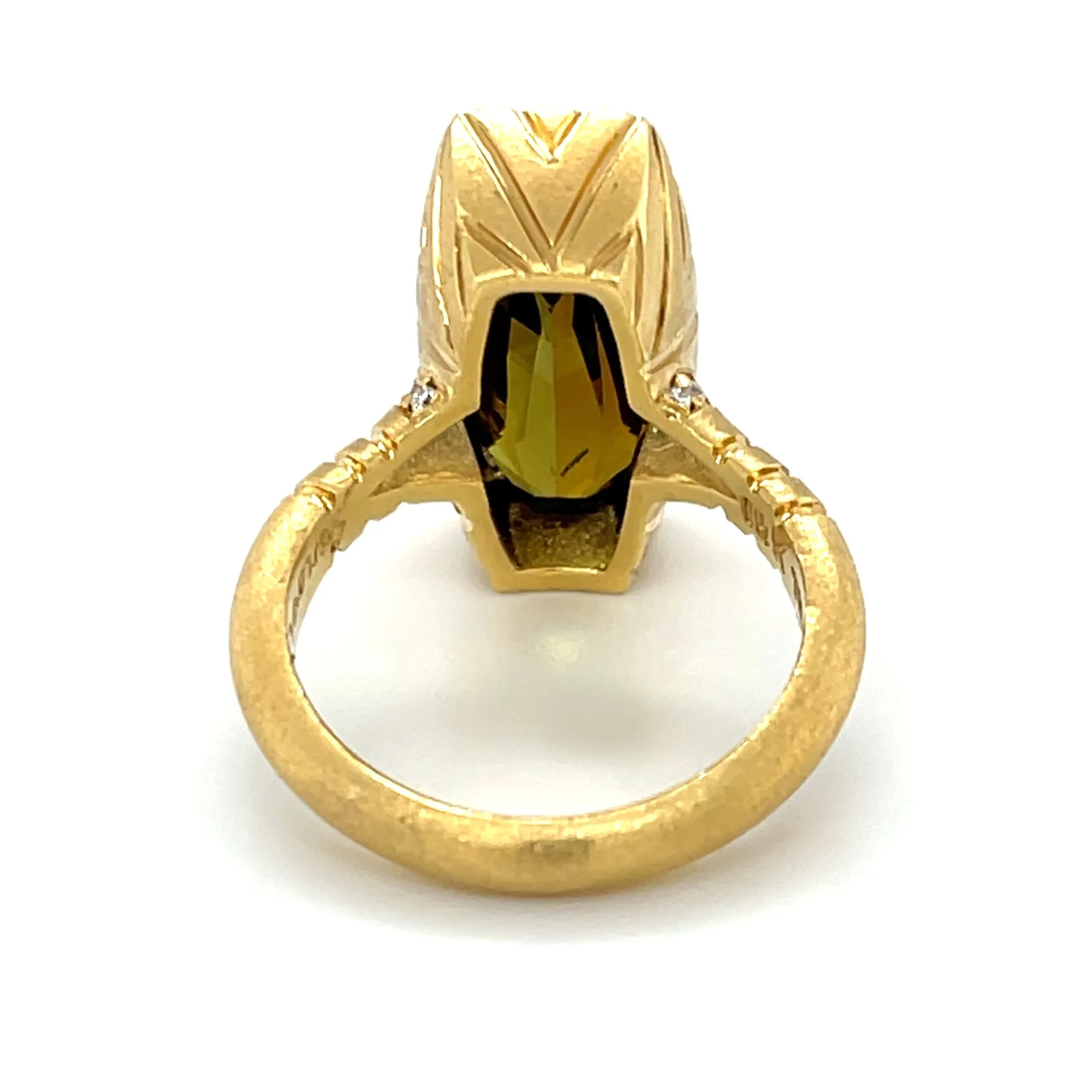 9.54 Carat Cushion-Cut Olive Tourmaline and Diamond Ring in 18k Yellow Gold