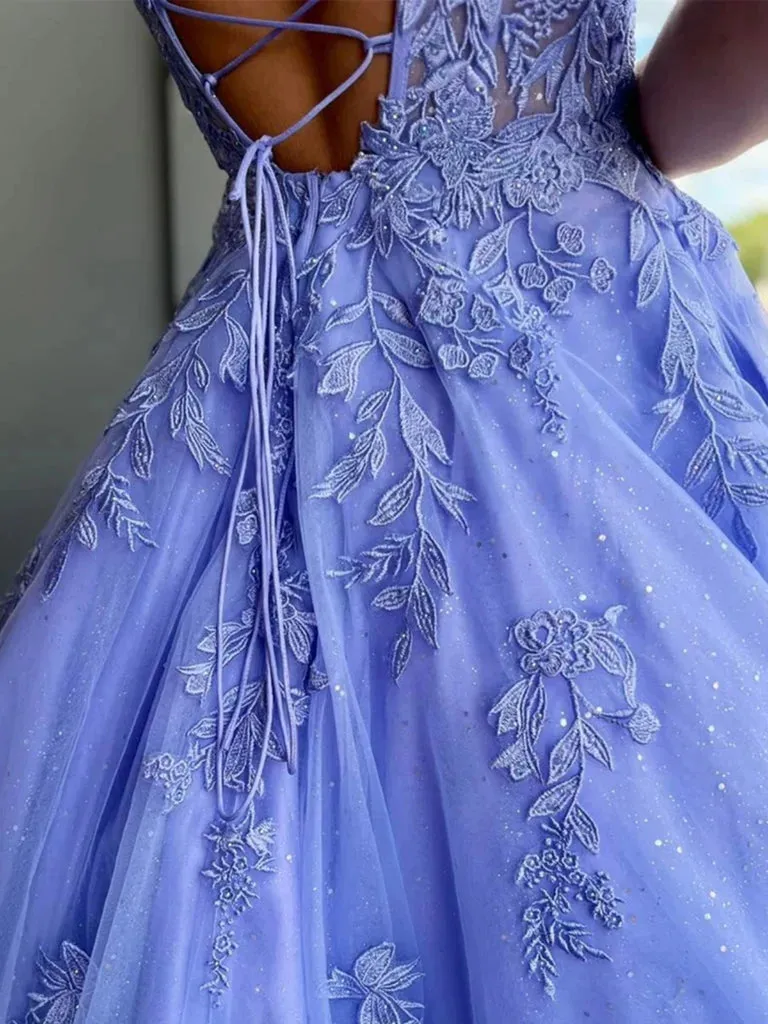 A Line 2025 Lace Blue Long Prom Dresses Straps with Pockets