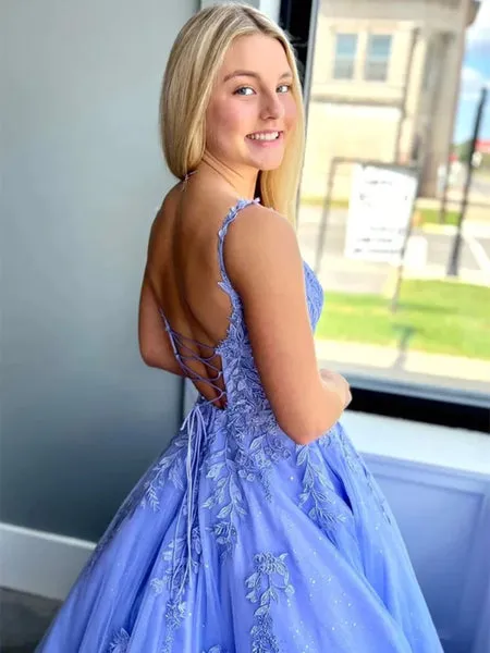 A Line 2025 Lace Blue Long Prom Dresses Straps with Pockets