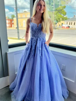 A Line 2025 Lace Blue Long Prom Dresses Straps with Pockets