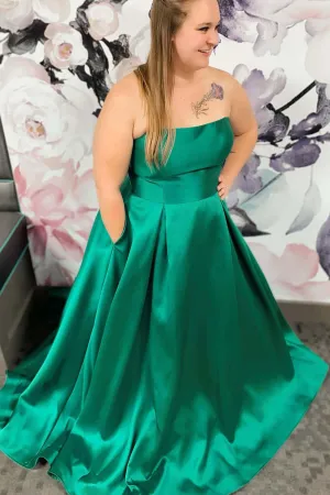 A Line 2025 Plus Size Prom Dresses Green Satin Long Formal Dress with Pockets