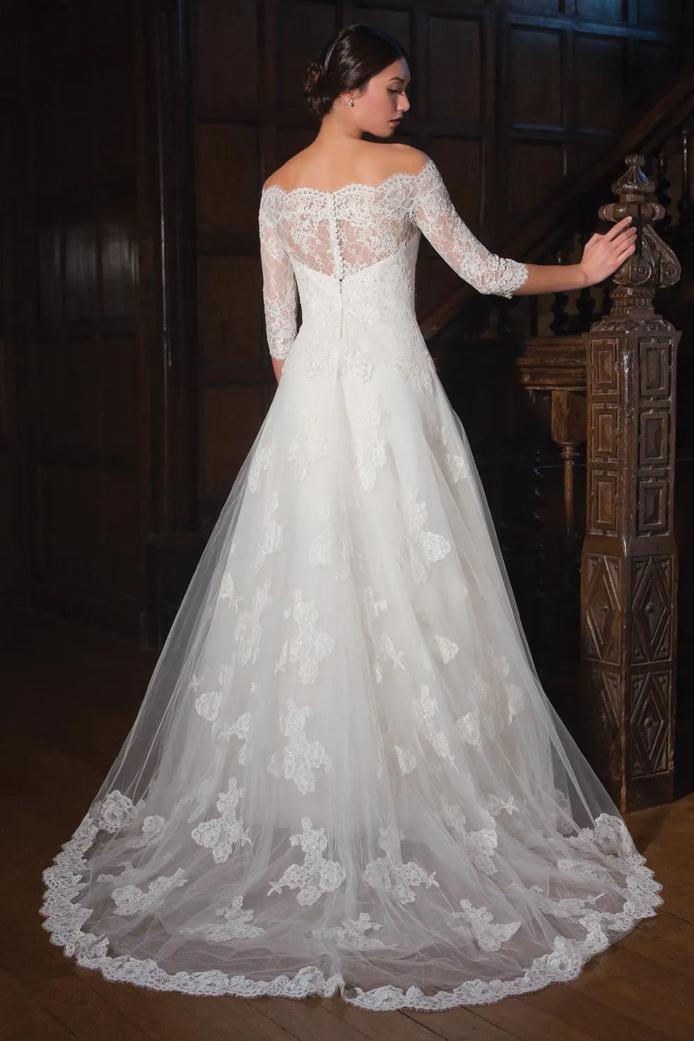 A-Line 3-4-Sleeve Off-The-Shoulder Lace&Tulle Wedding Dress With Illusion-MK_703047