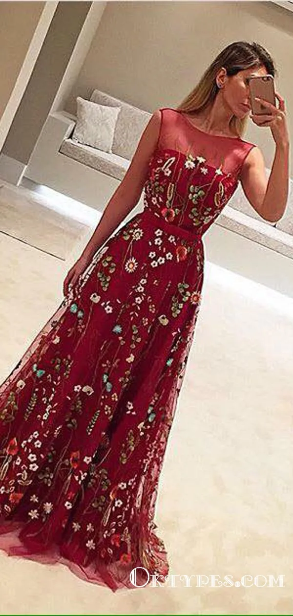 A-Line Crew Long Flower Print Burgundy Tulle Prom Dresses, TYP1812