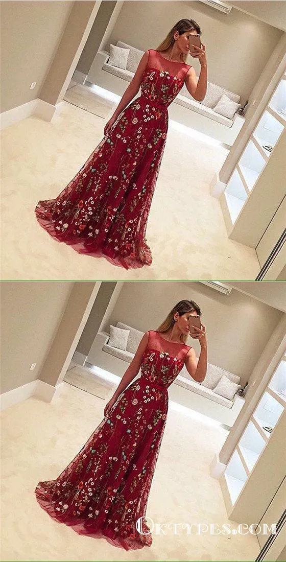 A-Line Crew Long Flower Print Burgundy Tulle Prom Dresses, TYP1812