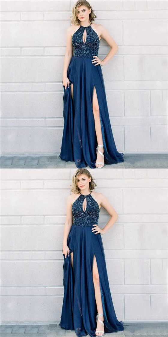 A Line Halter Keyhole Navy Blue Prom Dresses With Beading Split, QB0588