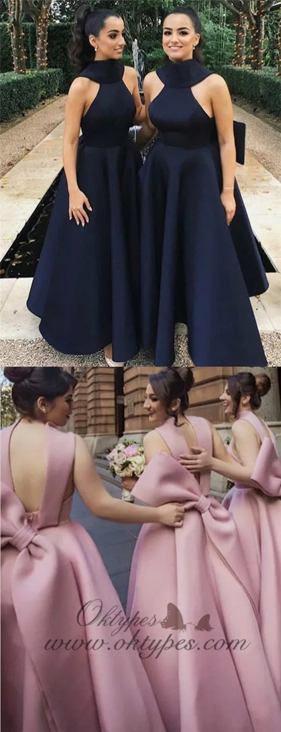 A-Line High Neck Navy Blue Satin Bridesmaid Dresses with Bow Knot, TYP1312