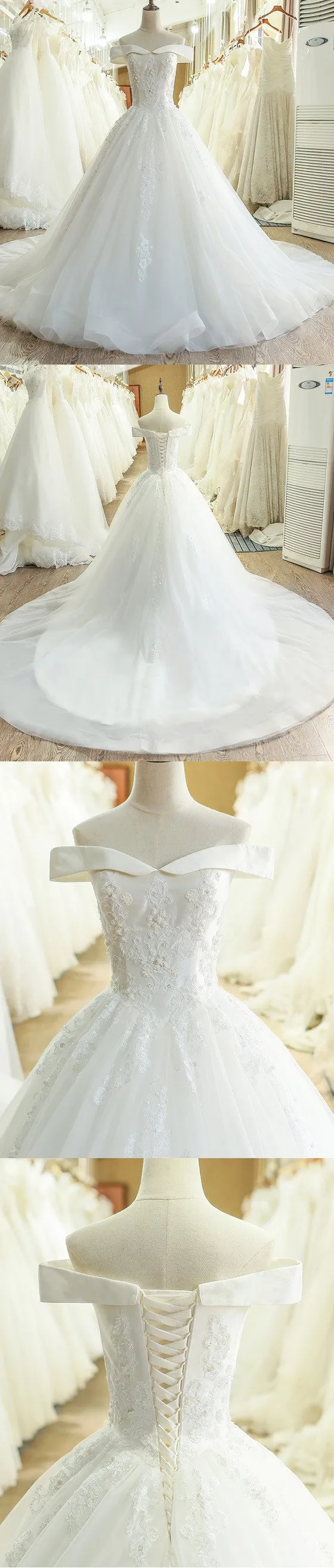 A-Line Lace Off Shoulder Backless Applique Sequin Beautiful Wedding Dresses with Chapel Train,220054