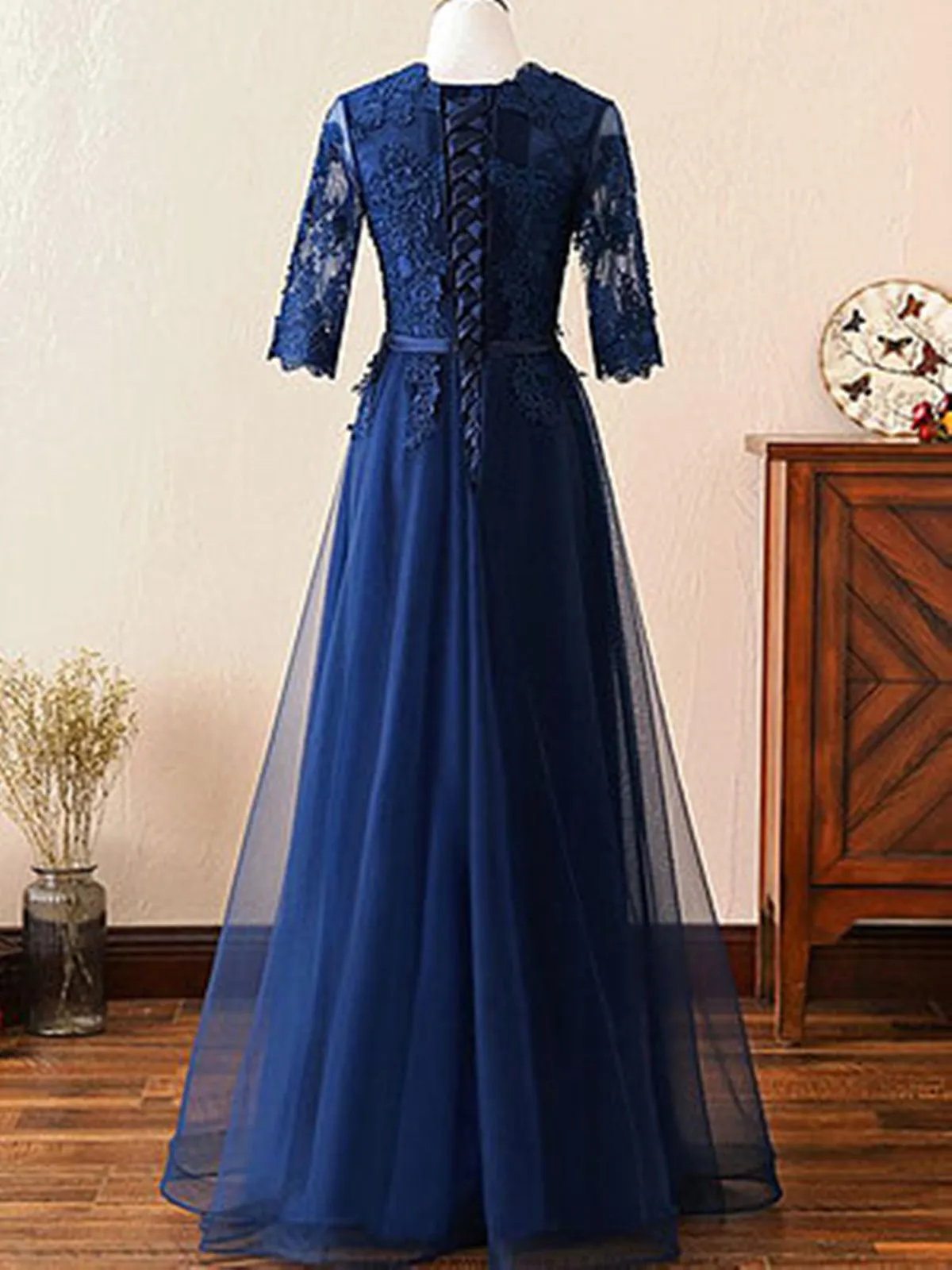 A-line navy blue lace long prom dress with mid sleeves, Navy blue lace formal evening dress