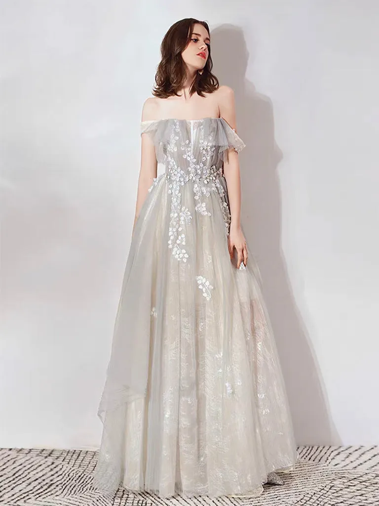 A-Line Off Shoulder Tulle Lace Long Prom Dress, Lace Long Evening Dress